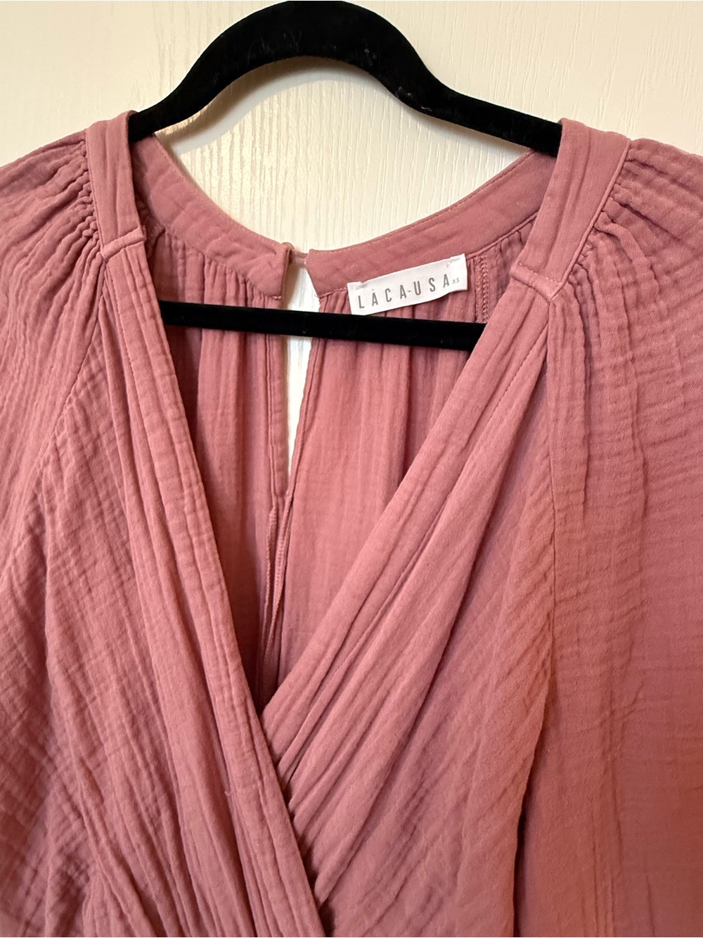 LACAUSA Cotton Gauze Romper Surplice V Neck Blouson Sleeve Mauve XS Made in LA - Picture 3 of 10